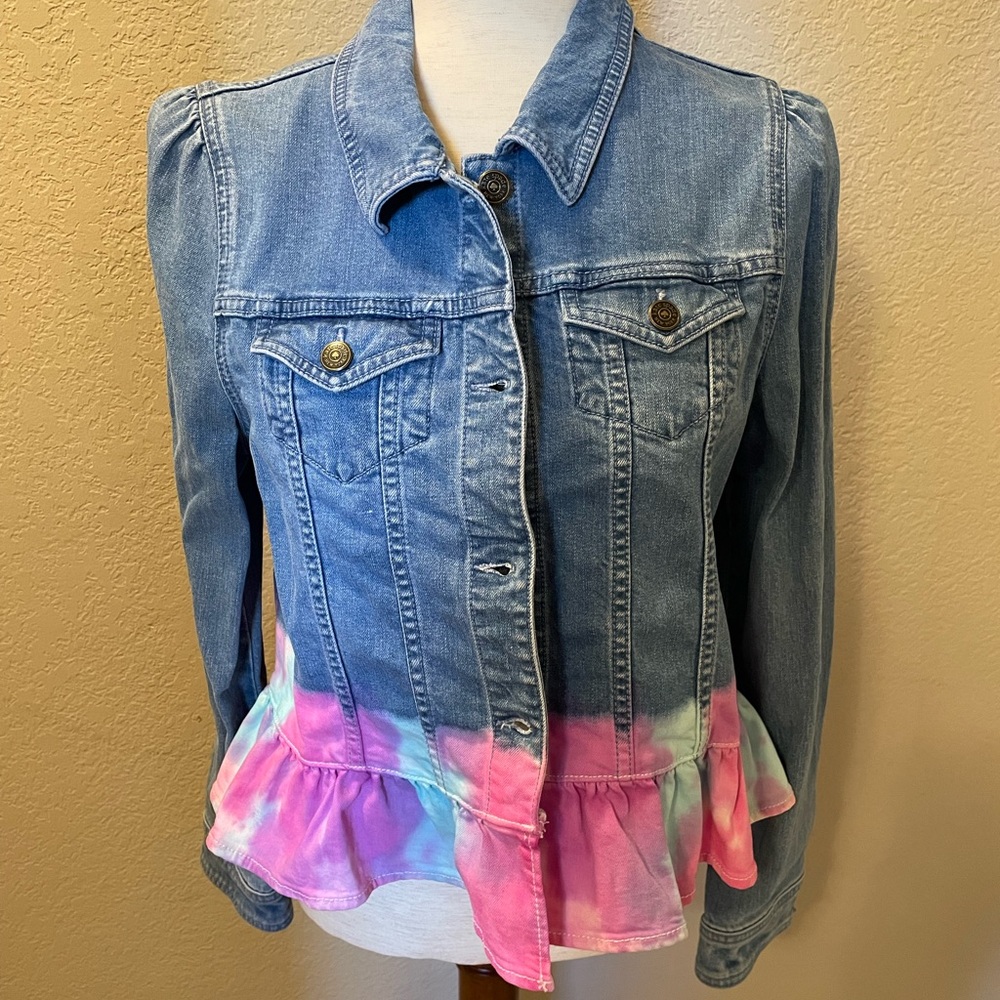 kate spade Blue Denim Jacket with Pink & Purple Tie-Dye Ruffle Hem